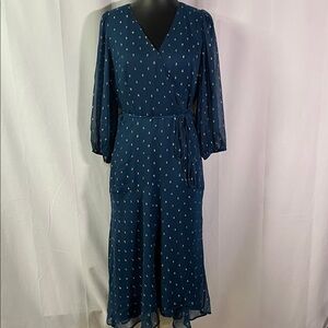 Ann Taylor Navy Blue Midi Wrap Dress with Gold Dot Print